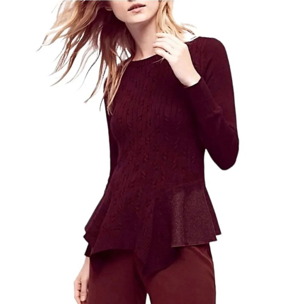 Anthropologie KNITTED & KNOTTED Audrey Knit Tweed Peplum Hem Sweater S